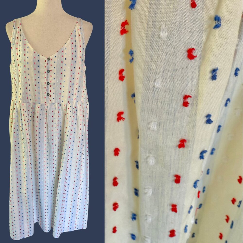 Loft Midi Dress Red White Blue Swiss Dots Size 8 Sundress Sleeveless Buttons